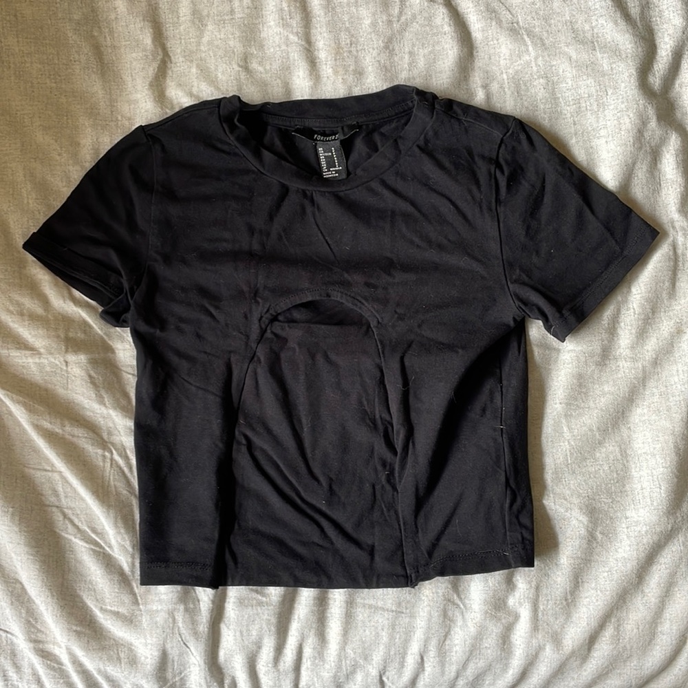 Small, black Forever 21 crop to with cut out mid shirt